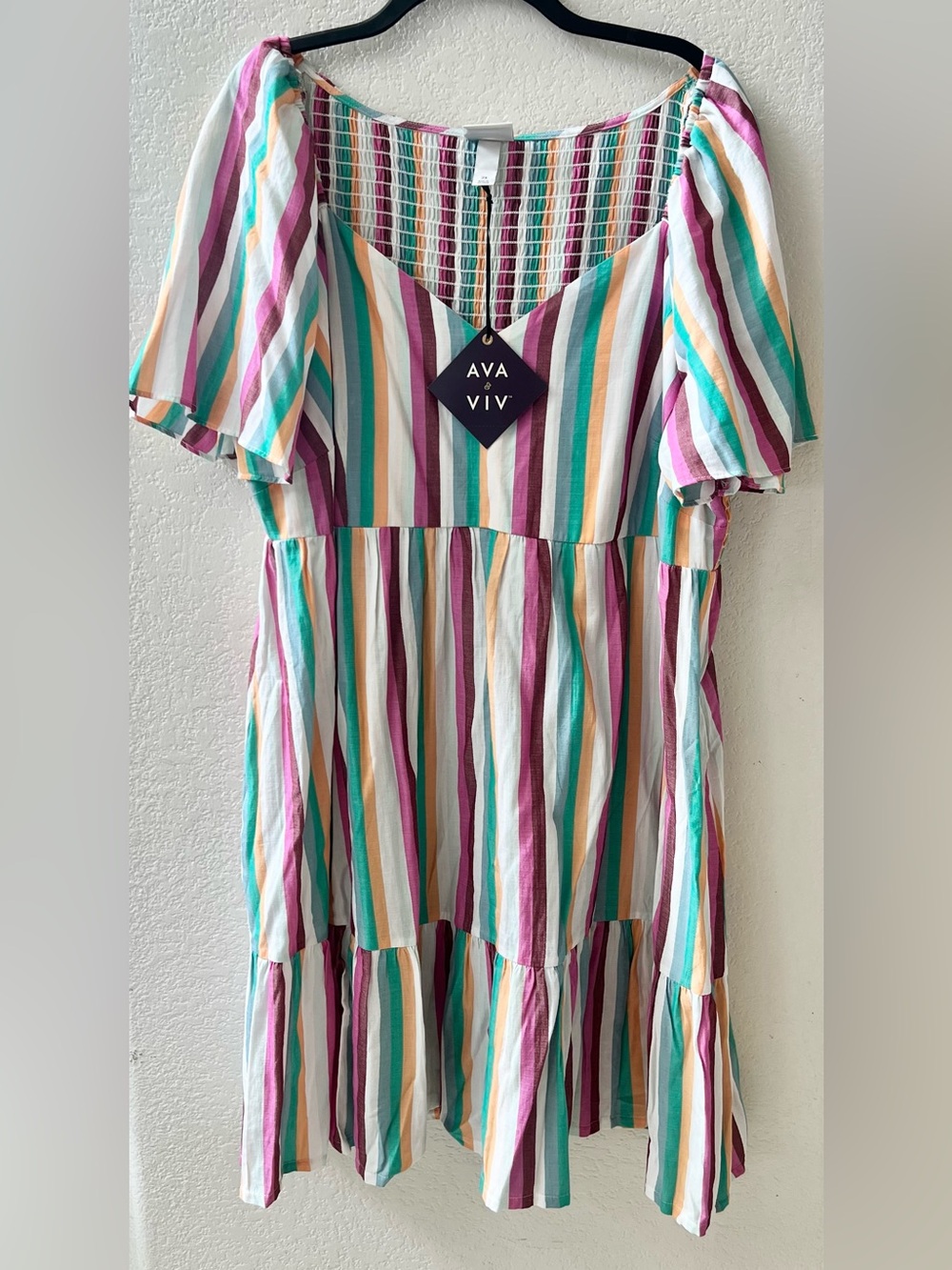 Ava & Viv Teal Purple Yellow Pink White Striped Tiered Dress